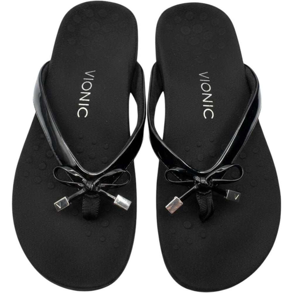 Vionic Bella II Black Patent Bow Sandals Orthotic Flip Flops Womens 7